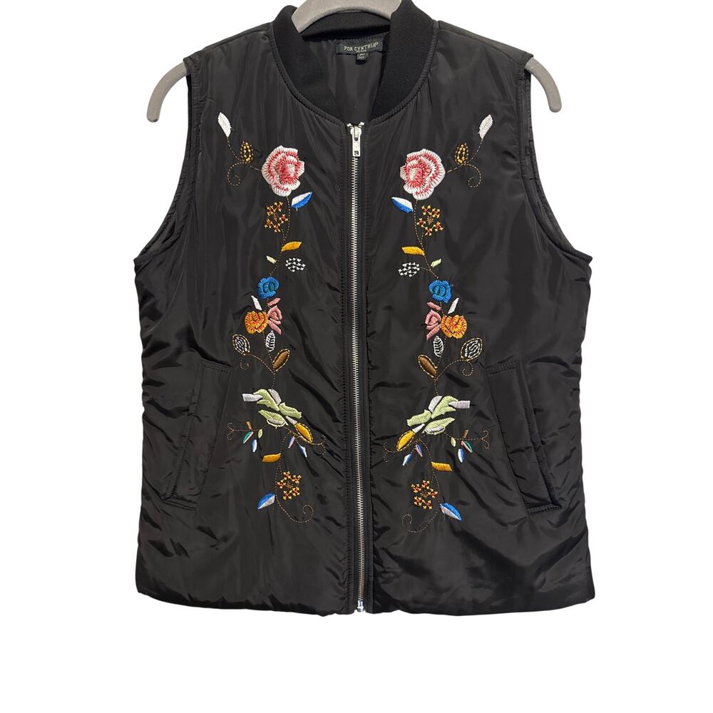 For Cynthia Womens Black Embroidered Sleeveless Vest Festival 90's Boho Petite M